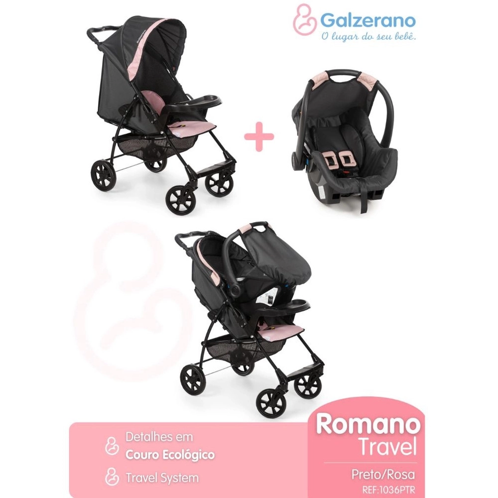 Carrinho de Bebê Romano Travel System Galzerano Onix com Bebê Conforto Preto e Rosa