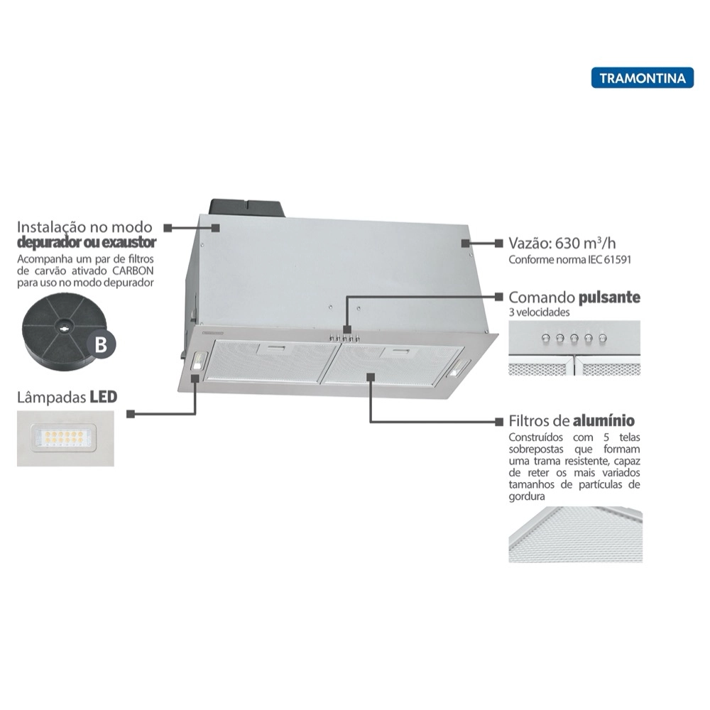 Coifa de Embutir Tramontina Incasso em Aço Inox Retangular 75cm 110v 95800/015