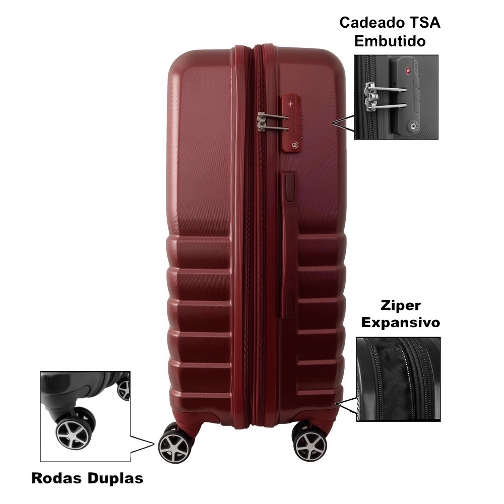 Conjunto de Malas Abs para Viagem Expansível Ika Flex Cadeado Tsa Rodas Duplas 3pcs P/M/G Vermelha