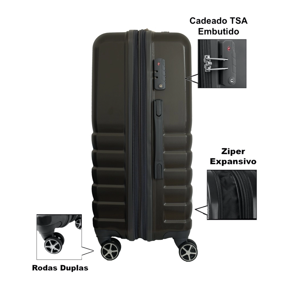 Conjunto de Malas de Viagem Abs Expansível Ika Flex Cadeado Tsa Rodas Duplas 3pcs P/M/G Grafite