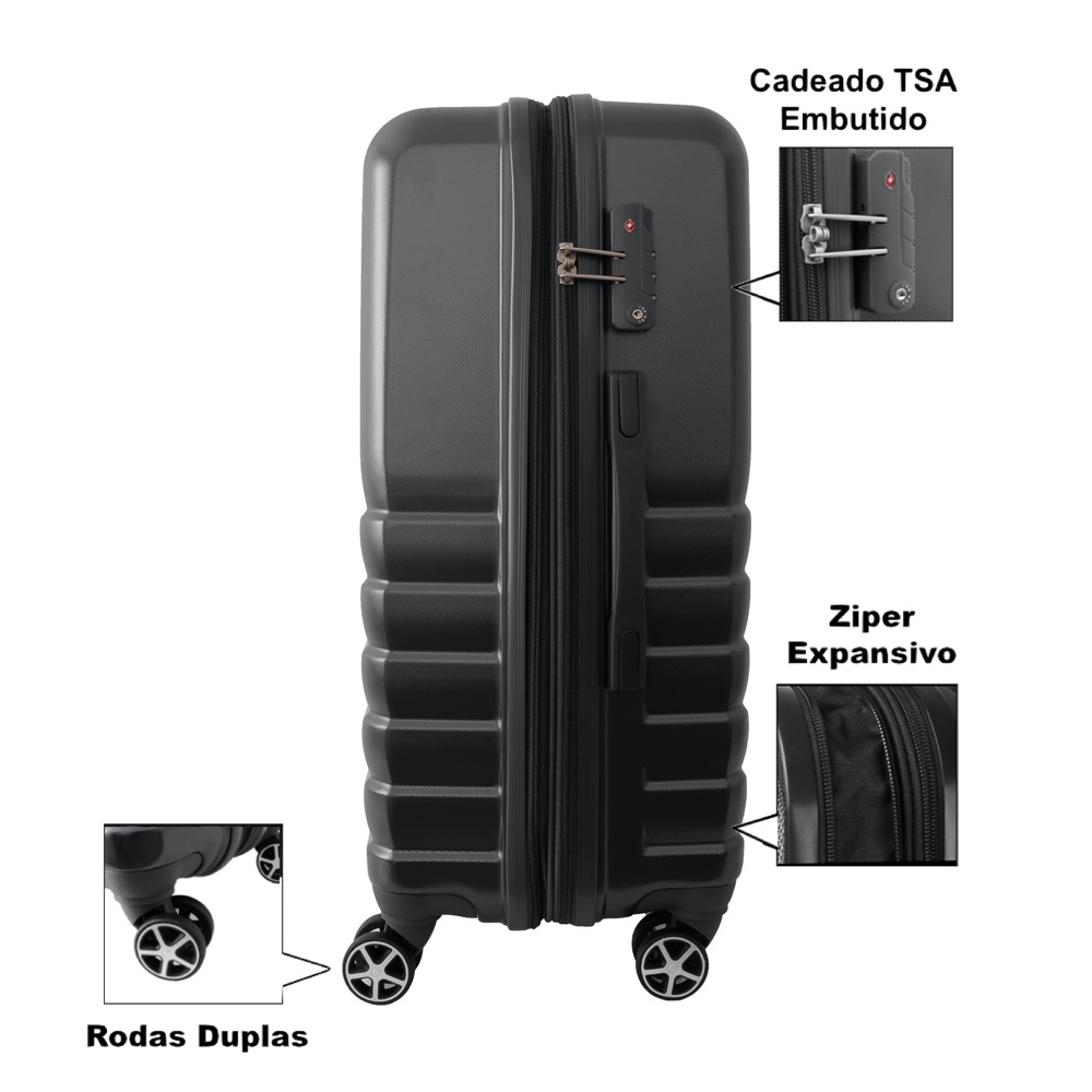 Conjunto de Malas de Viagem Expansível em Abs Ika Flex, Cadeado Tsa Rodas Duplas 3pcs P/M/G Preto