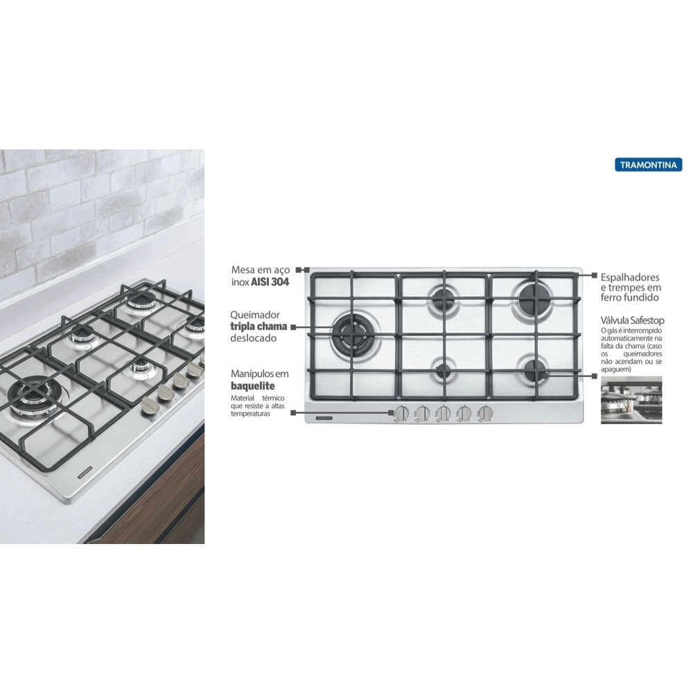 Cooktop 5 Bocas a Gas Tramontina Penta Plus 5GX TRI SS 90 em Aço Inox Acendimento Automático Bivolt 