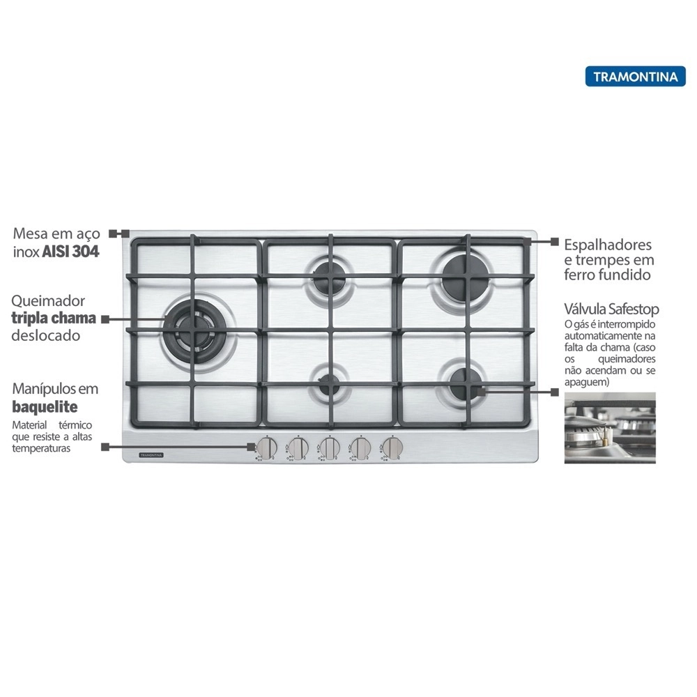 Cooktop 5 Bocas a Gas Tramontina Penta Plus 5GX TRI SS 90 em Aço Inox Acendimento Automático Bivolt 