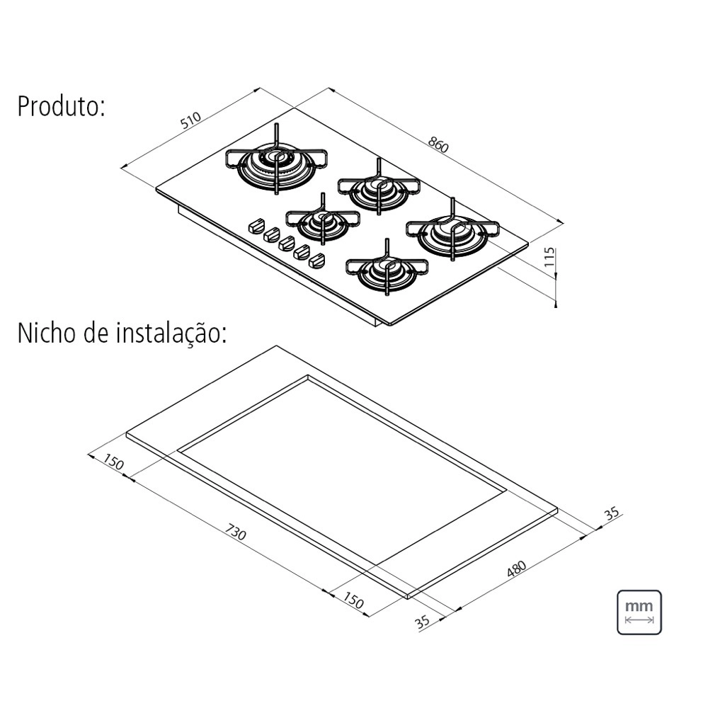 Cooktop 5 Bocas a Gas Tramontina Penta Side Plus em Vidro Temperado Preto Acendimento Automático