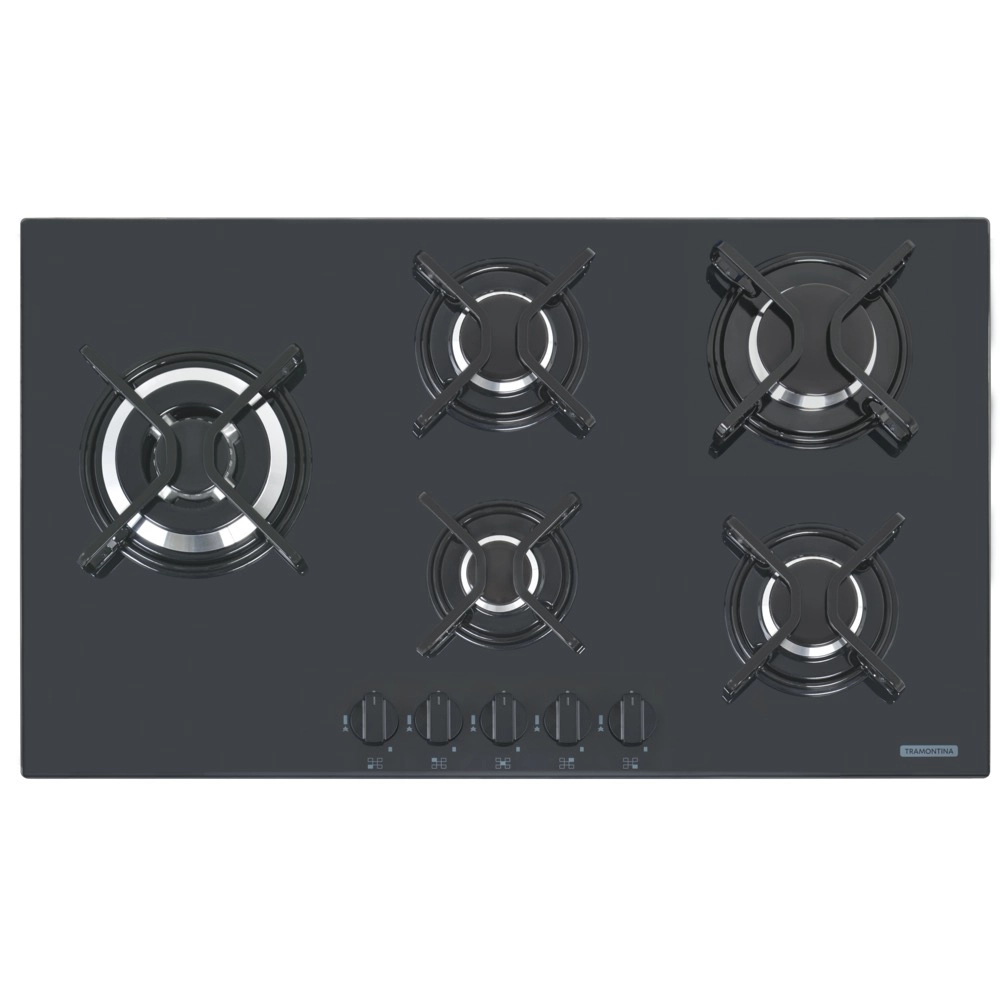 Cooktop 5 Bocas a Gas Tramontina Penta Side Plus em Vidro Temperado Preto Acendimento Automático