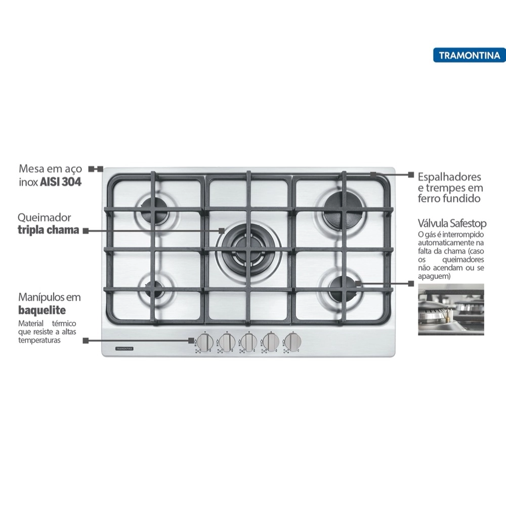 Cooktop a Gas Tramontina New Penta 5 Bocas 5GX TRI em Aço Inox Superautomático