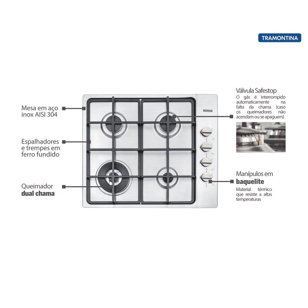 Cooktop a Gas Tramontina Square 4 Bocas Trempes em Ferro Fundido Superautomático Inox