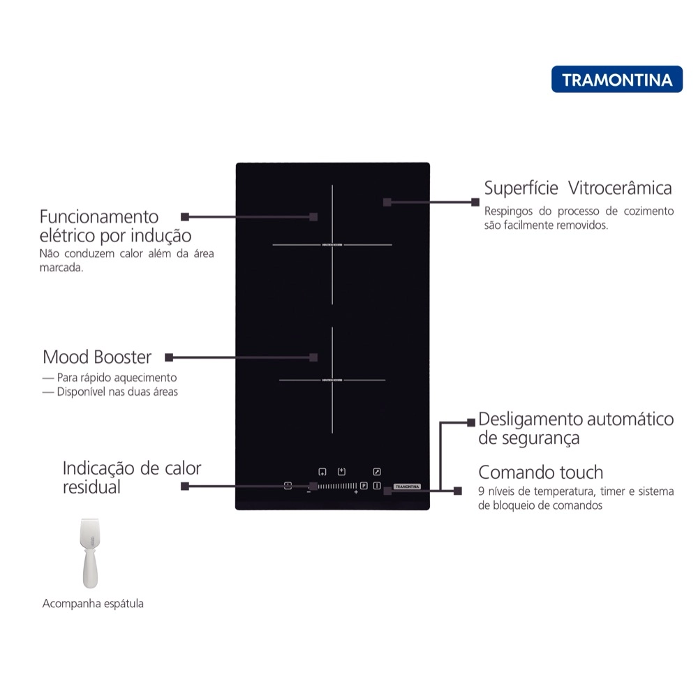 Cooktop por Indução Tramontina Domino Slider 2ei 30 com 2 Areas de Aquecimento e Comando Touch