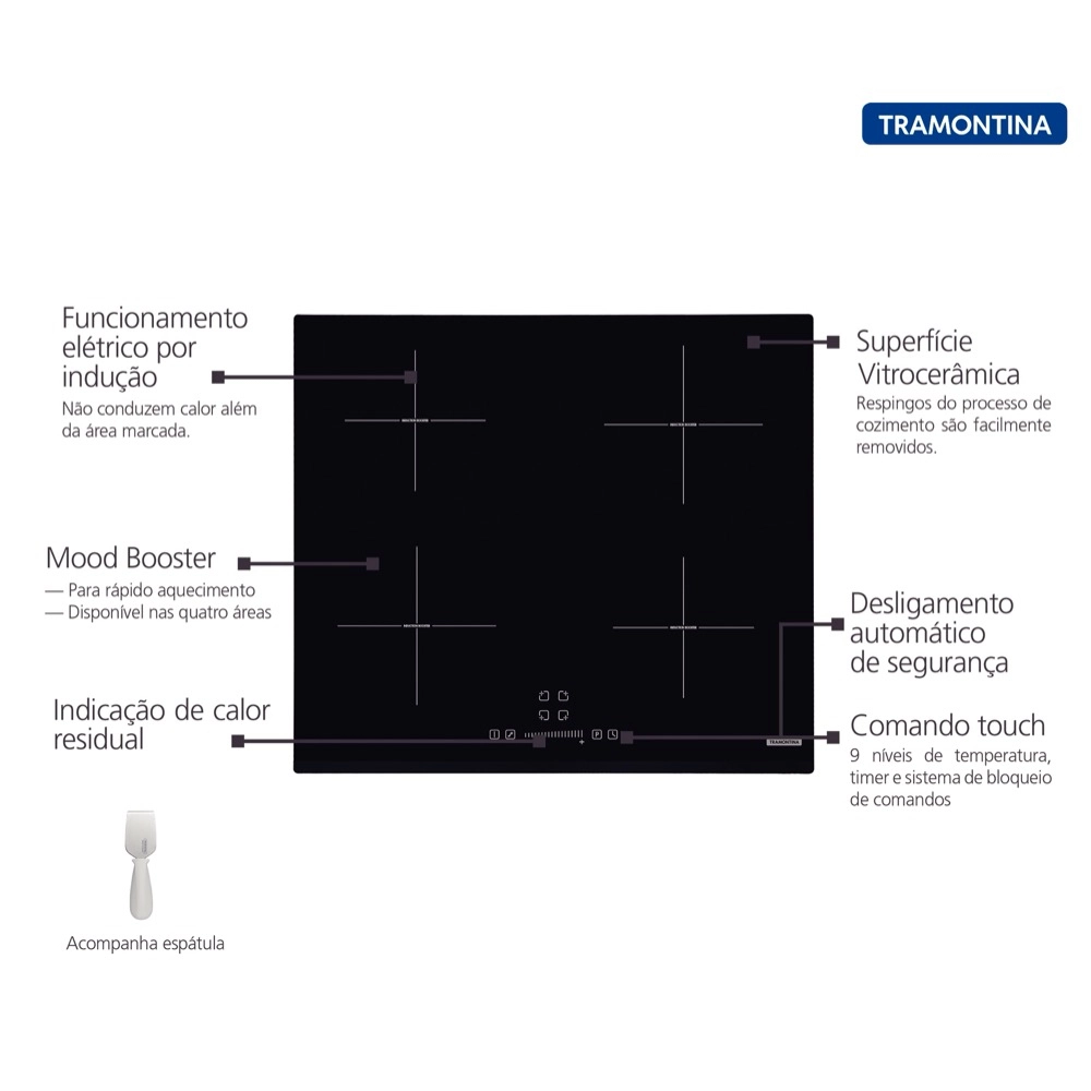 Cooktop por Indução Tramontina Square Slider B AEI 60 Vitroceramico 4 Areas de Aquecimento Touch