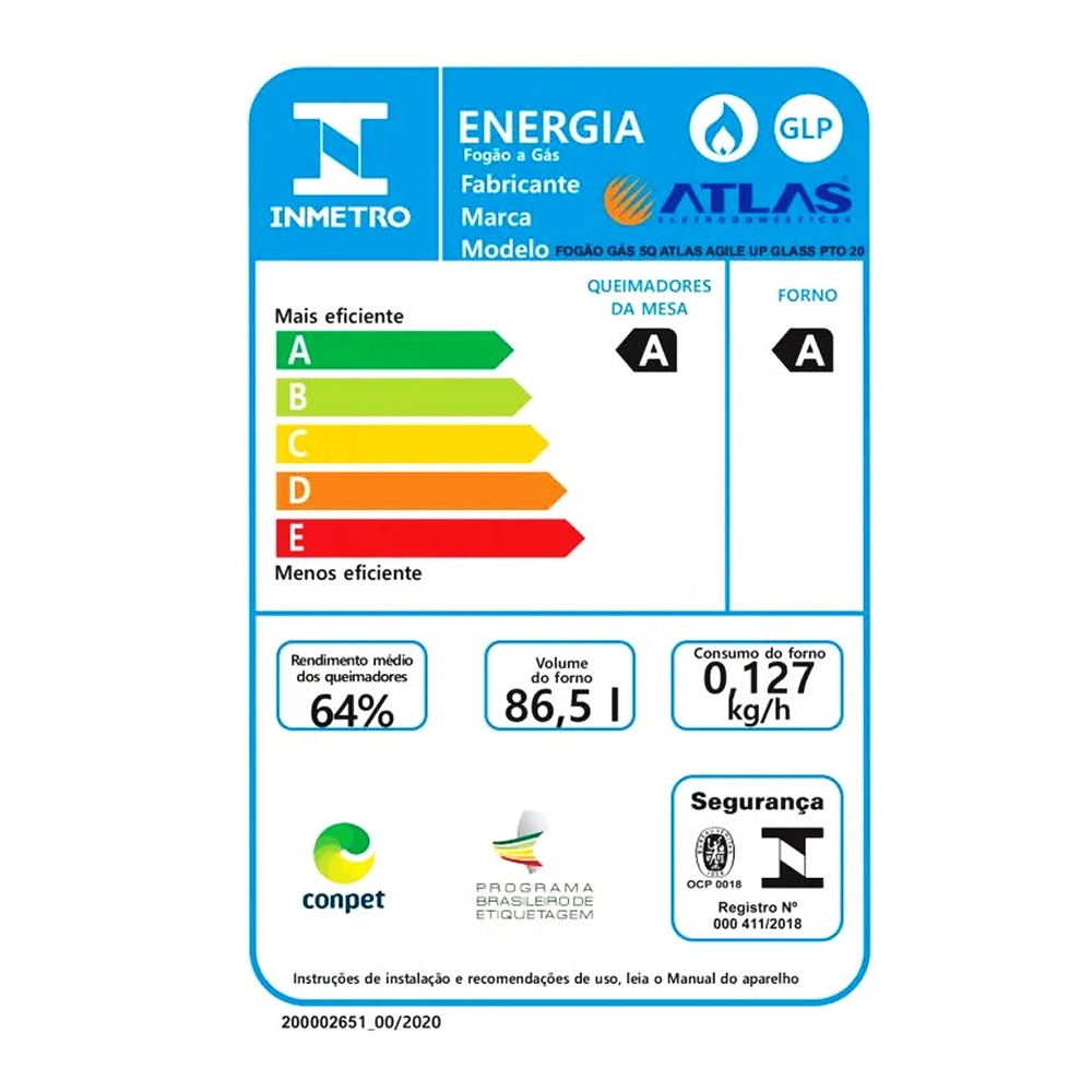 Fogão 5 Bocas Atlas Agile Up Glass com Mesa de Vidro e Acendimento Automático Preto Bivolt