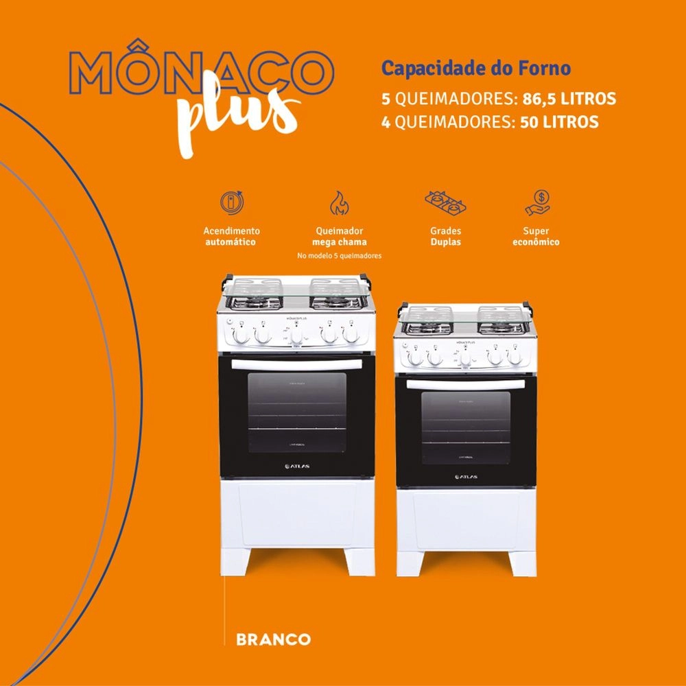 Fogão Atlas 4 Bocas Mônaco Plus com Mesa Inox e Acendimento Automático Branco Bivolt