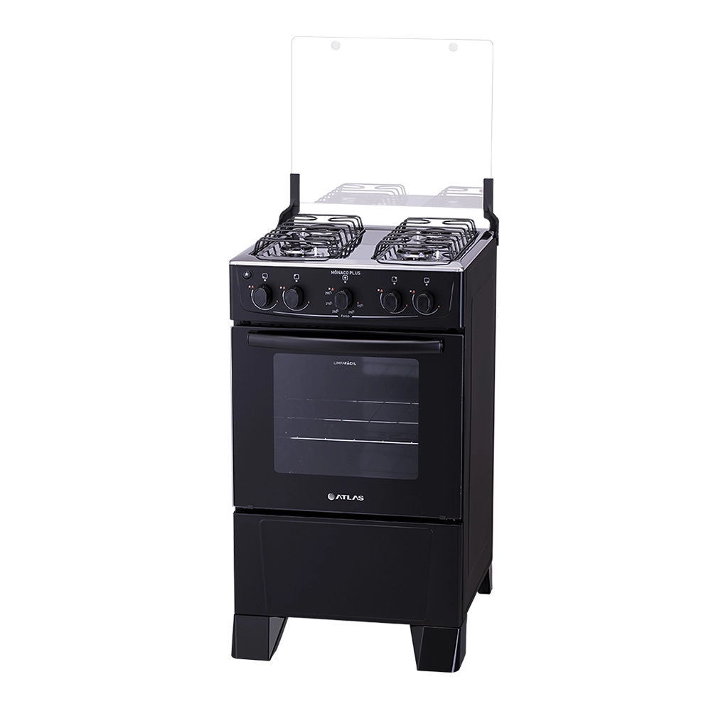 Fogão Atlas 4 Bocas Mônaco Plus com Mesa Inox e Acendimento Automático Preto Bivolt