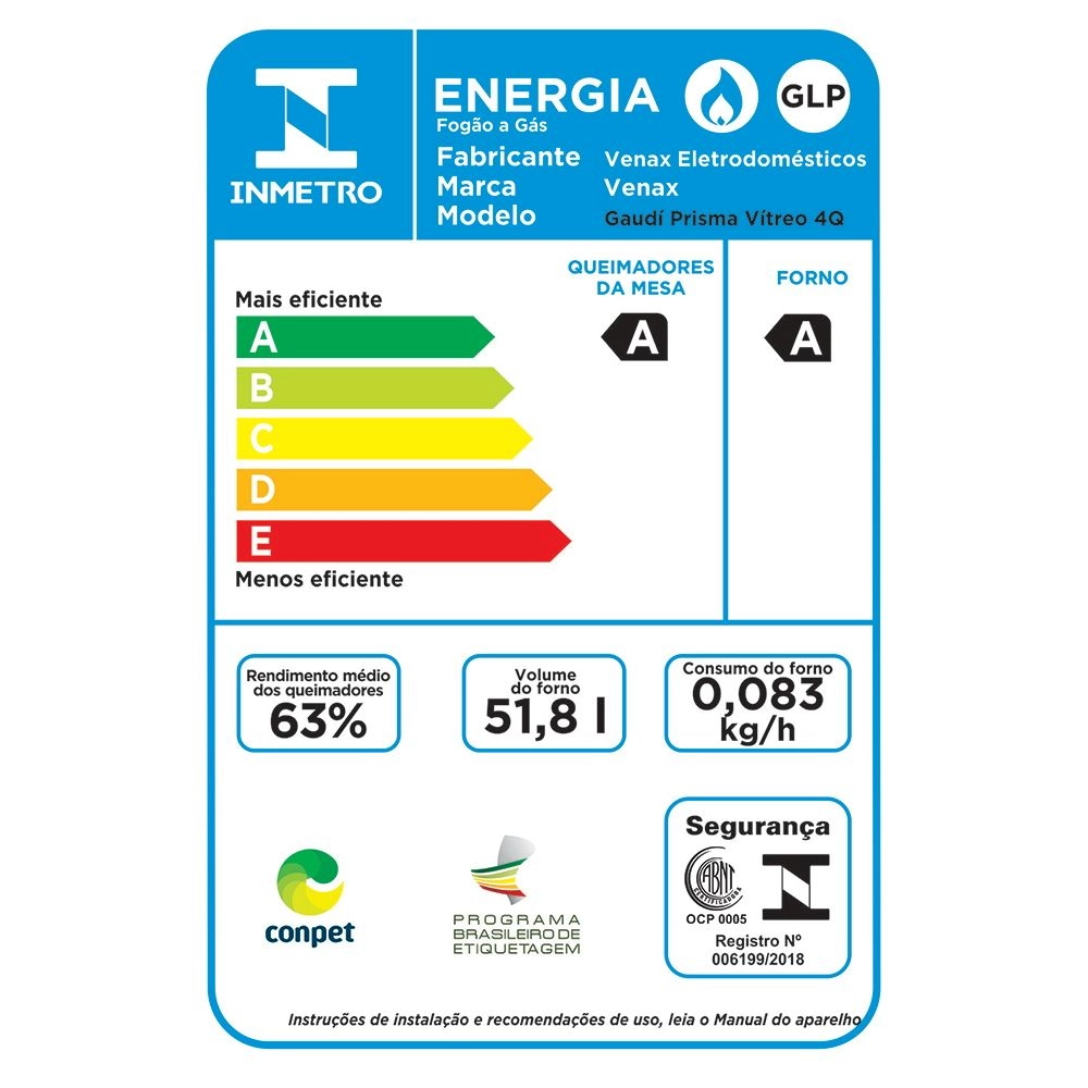 Fogão de Embutir 4 Bocas Venax Gaudi Prisma Vitreo Bl Gas Glp Preto