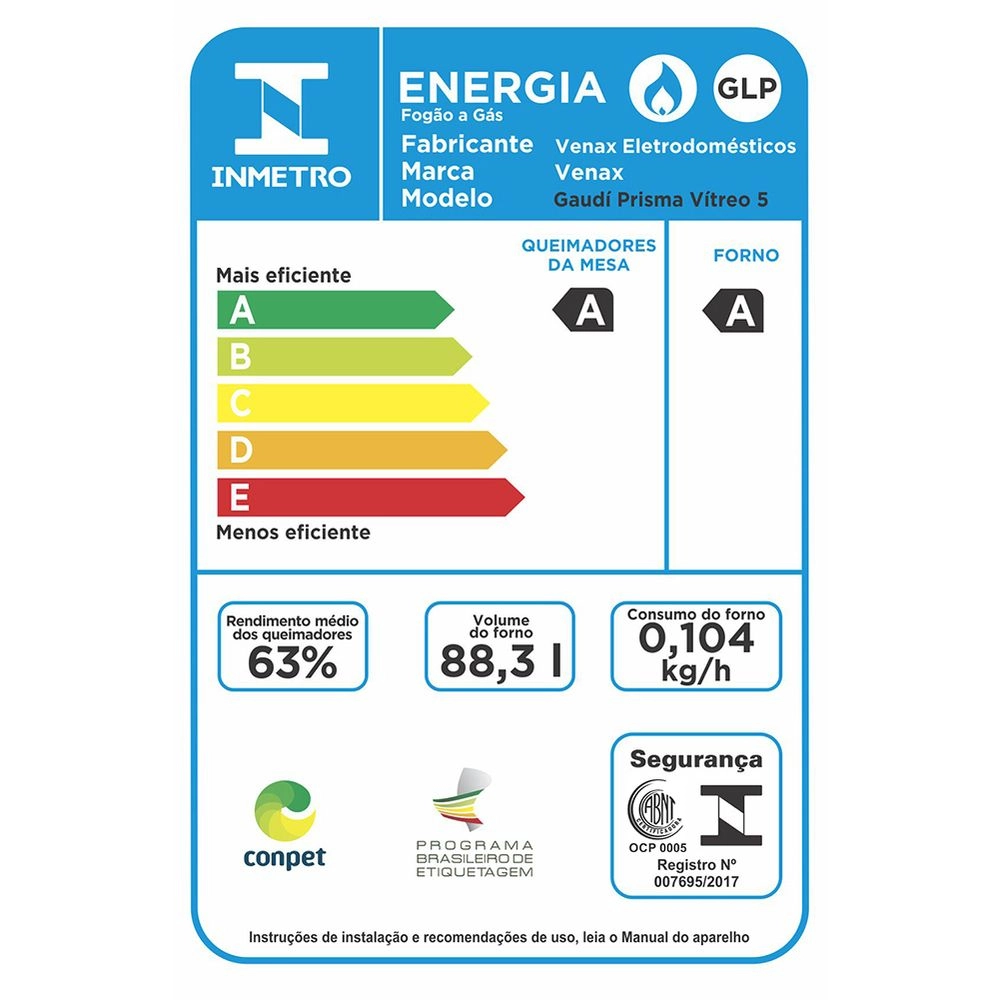 Fogão de Embutir 5 Bocas Venax Gaudi Prisma Vitreo Bl Gas Glp Preto