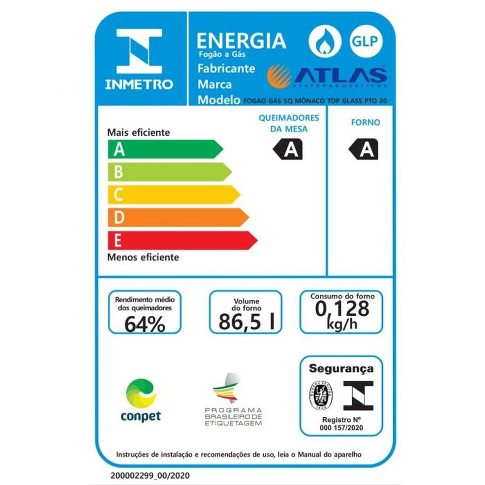 Fogão Atlas Mônaco Top Glass 5 Bocas Acendimento Automático Preto