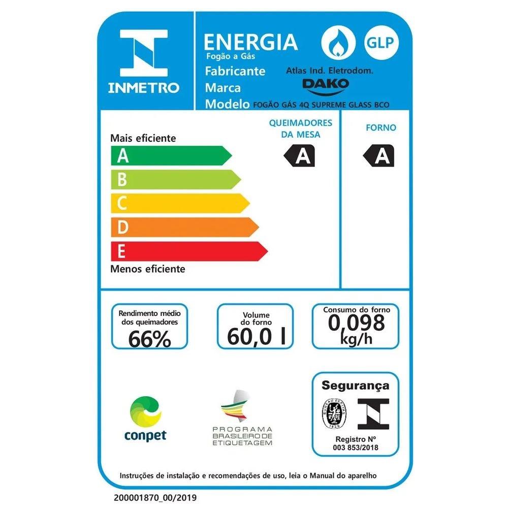 Fogão de Piso Dako Supreme Glass 4 Bocas a Gas Acendimento Automático Branco Bivolt