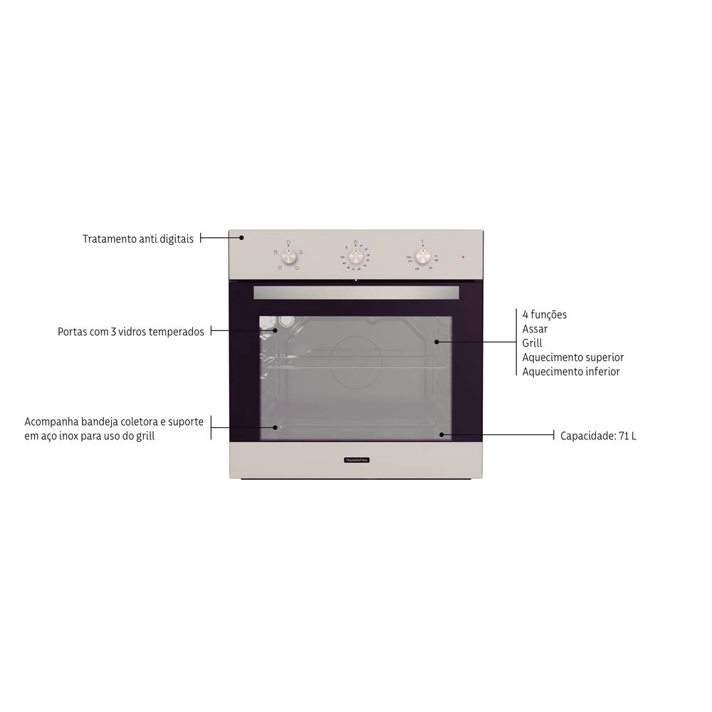 Forno Elétrico de Embutir Tramontina 71l New Inox Basic 60 4 Funções em Aço Inox 220v