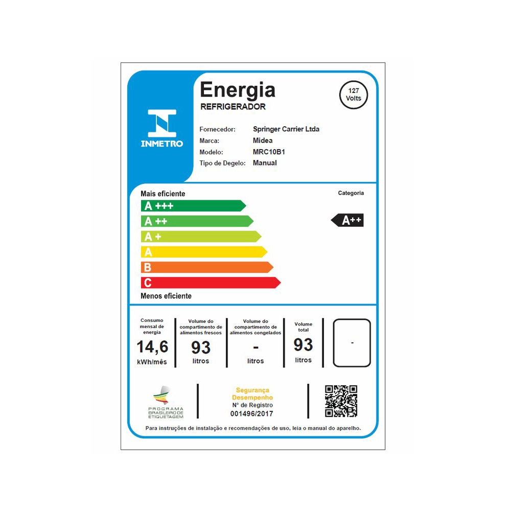 Frigobar Midea 93 Litros Mrc10b1-x Preto com Inox 127v