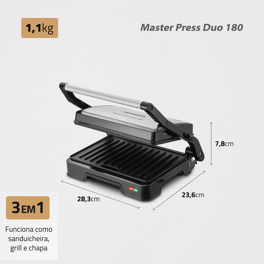 Grill e Sanduicheira Master Press Mondial PG-01-180 Duo 180 1000w Preto com Inox 