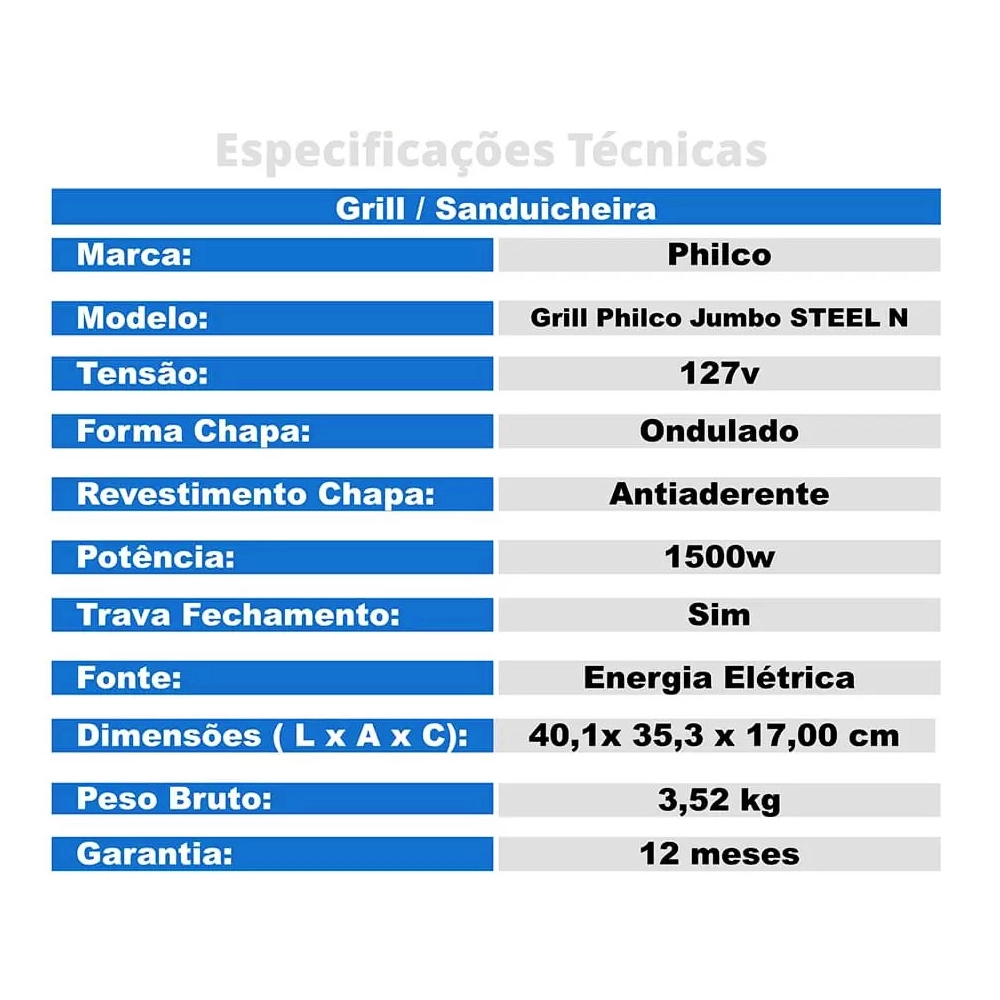 Grill e Sanduicheira Philco Jumbo Steel 1500w Cinza com Preto