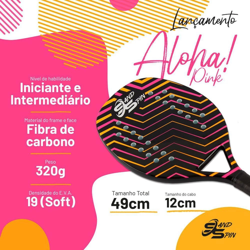 Kit 2 Raquetes de Beach Tennis Sand Spin Aloha Fibra de Carbono Rosa e Azul