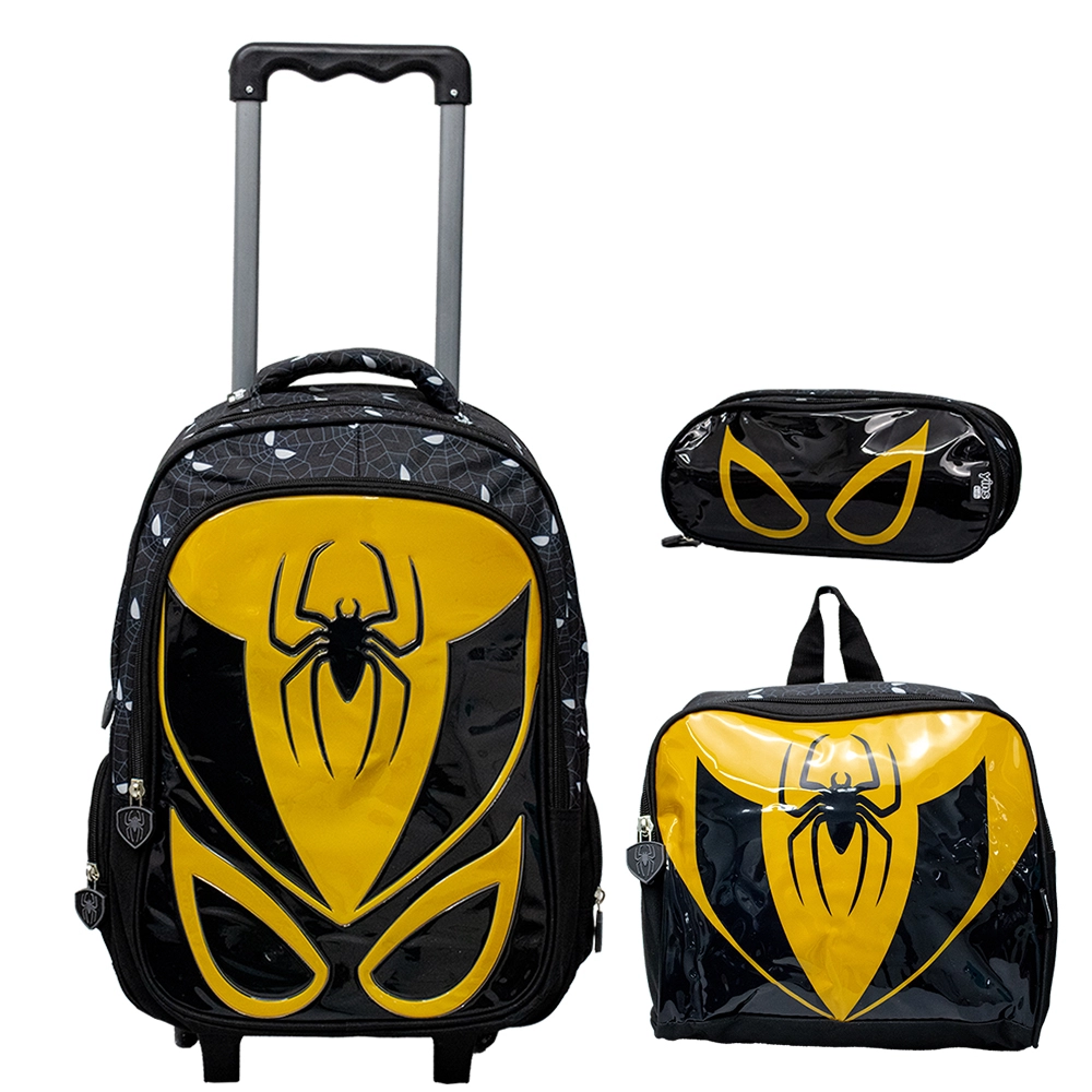 Kit Mochila Escolar Infantil de Rodinhas com Lancheira e Estojo Yins em Pvc 3d Kids Spider Amarelo 