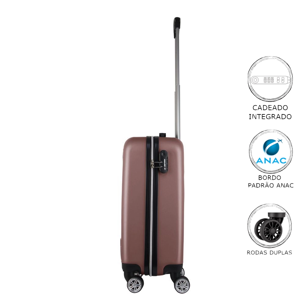 Mala de Bordo Abs para Viagem Mormaii MOR-1543 Cadeado Integrado Rodas Duplas Giro 360 Rose