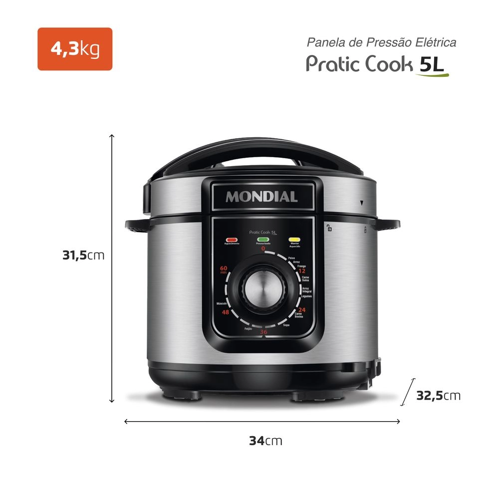 Panela de Pressão Elétrica Mondial 5L PE-48-5L-I 900w Preto com Inox