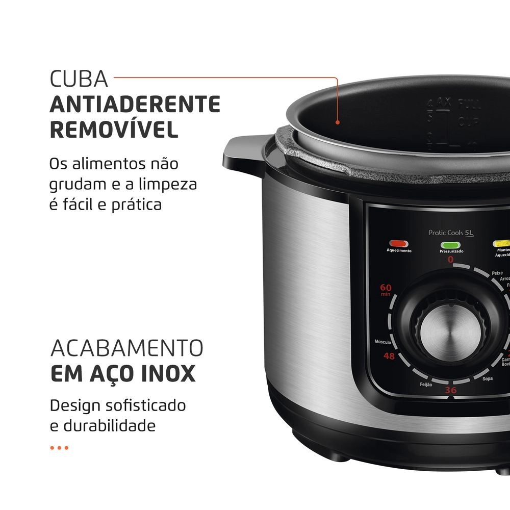 Panela de Pressão Elétrica Mondial 5L PE-48-5L-I 900w Preto com Inox