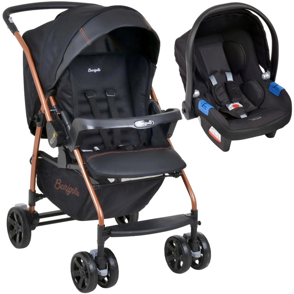 Travel System Burigotto Carrinho de Bebê com Bebê Conforto Rio K + Touring Preto com Cobre